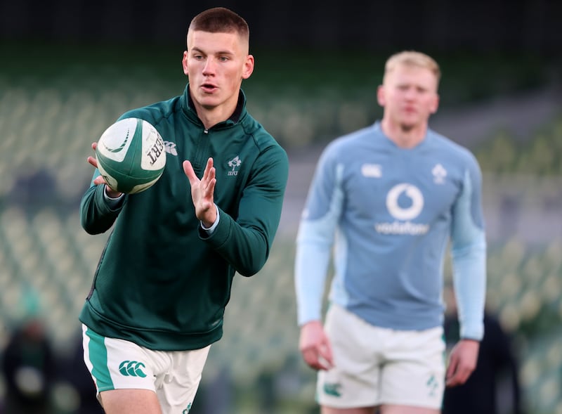 Sam Prendergast during the Ireland Rugby captain's run at the Aviva Stadium on Friday. Photograph: Dan Sheridan/Inpho