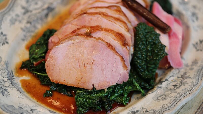 Baked collar of bacon, Highbank Orchard syrup, rhubarb and wild kale. Photograph: Nick Bradshaw