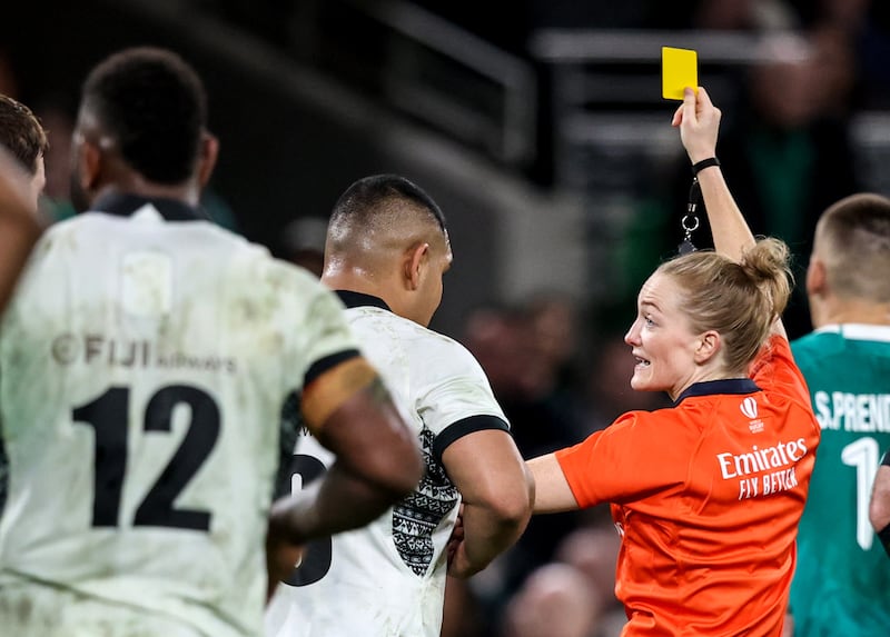 Referee Hollie Davidson gives Fiji's Setareki Turagacoke a yellow card. Photograph: Ben Brady/Inpho