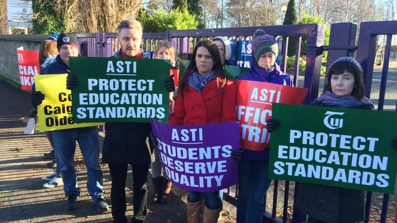 Striking teachers on Grace Park Road Dublin.  Photograph: Cyril Byrne/The Irish Times