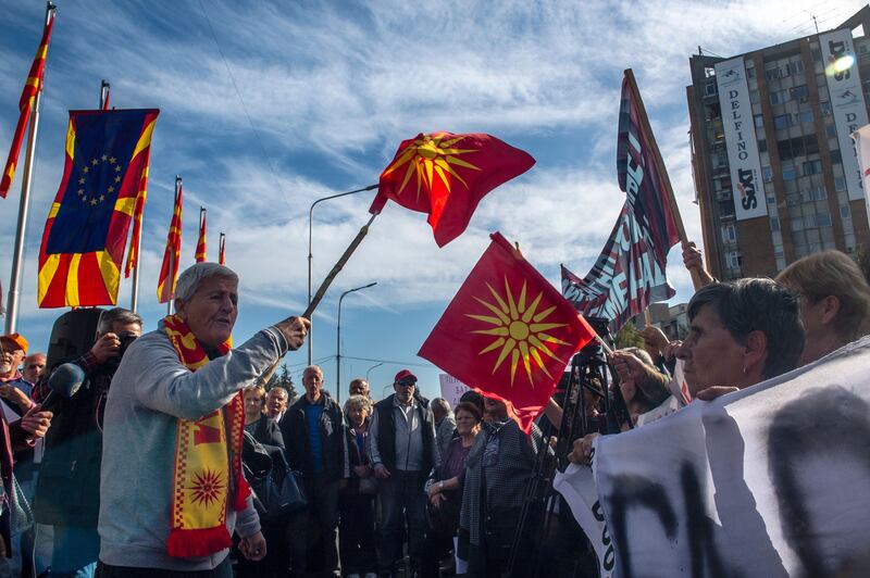 Pensioners gather in front of the government building in Skopje in November to  call  for an increase in monthly income and improvement of living conditions. Photograph: Georgi Licovski/EPA