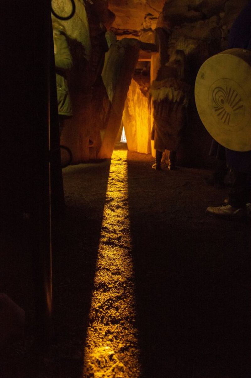 This picture is taken yesterday inside the megalithic chamber at Newgrange. The dawn light of the Winter Solstice also enters the chamber to a lesser degree for a number of days either side of the solstice, December 21st. Photograph: Ciara Wilkinson.