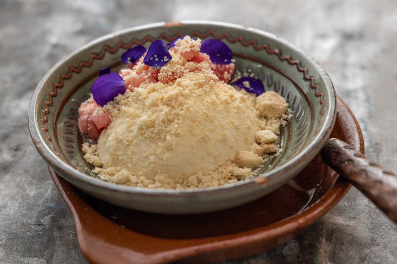 Lemon posset, macerated rhubarb and shortbread biscuits. Photograph: Harry Weir