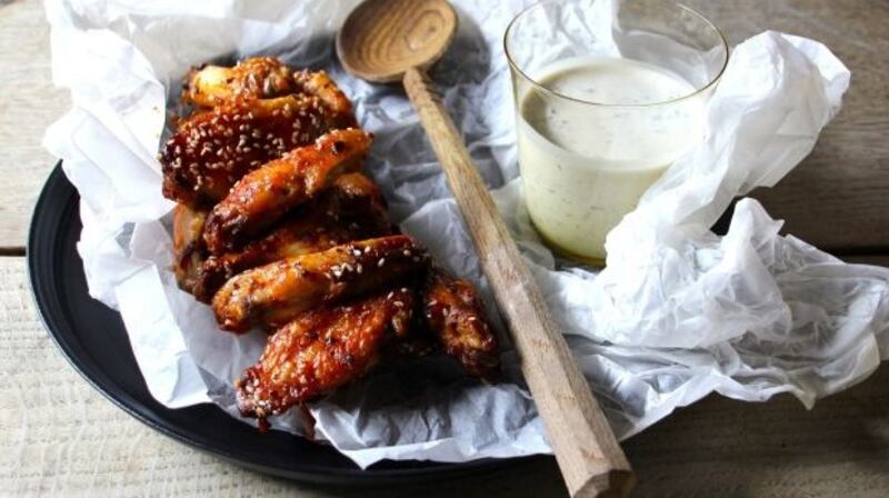 Hoisin chicken wings with buttermilk ranch dressing.