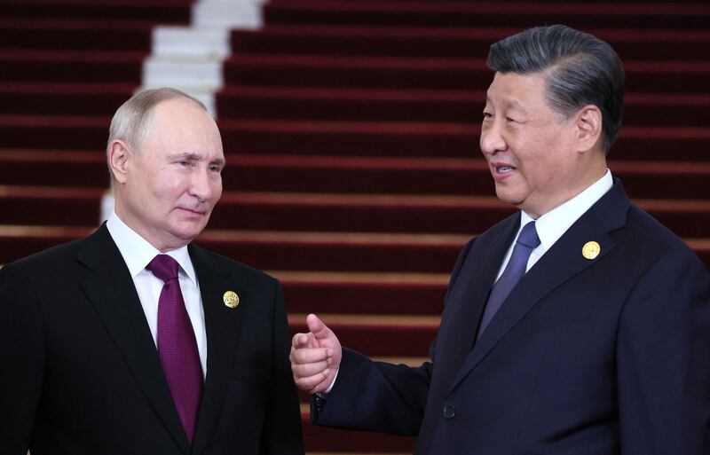 Mr Putin and Chinese president Xi Jinping during a welcoming ceremony at the Belt and Road forum in Beijing. Photograph: Sergei Savostyanov/pool/AFP