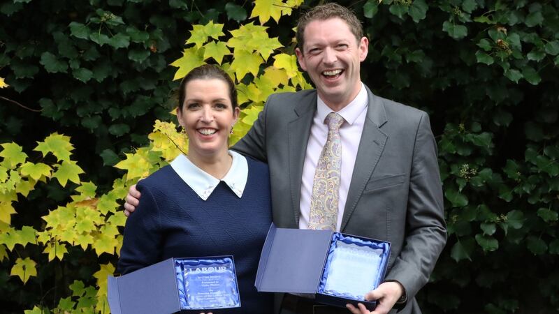 Vicky Phelan and Stephen Teap  were presented with the Jo Cox Award by Labour Women in the UK. Photograph: Nick Bradshaw/The Irish Times