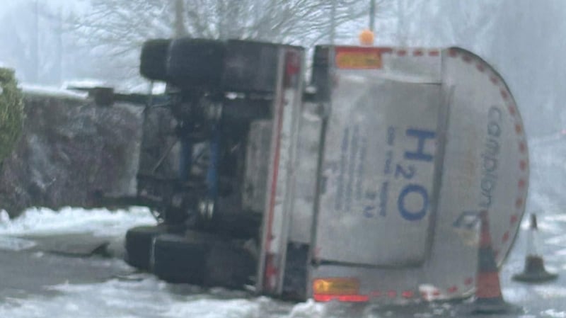 A water tanker in Emly, Co Tipperary overturned in icy conditions on Wednesday morning.