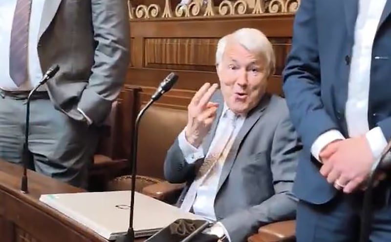 Michael Lowry gestures in the Dail during chaotic scenes during a vote on speaking rights. Photograph: Paul Murphy TD