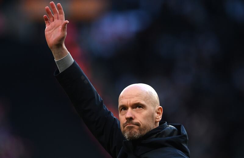 Manchester United's manager Erik ten Hag waves ahead of the Carabao Cup final soccer match between Manchester United and Newcastle United. Photograph: Neil Hall/EPA-EFE