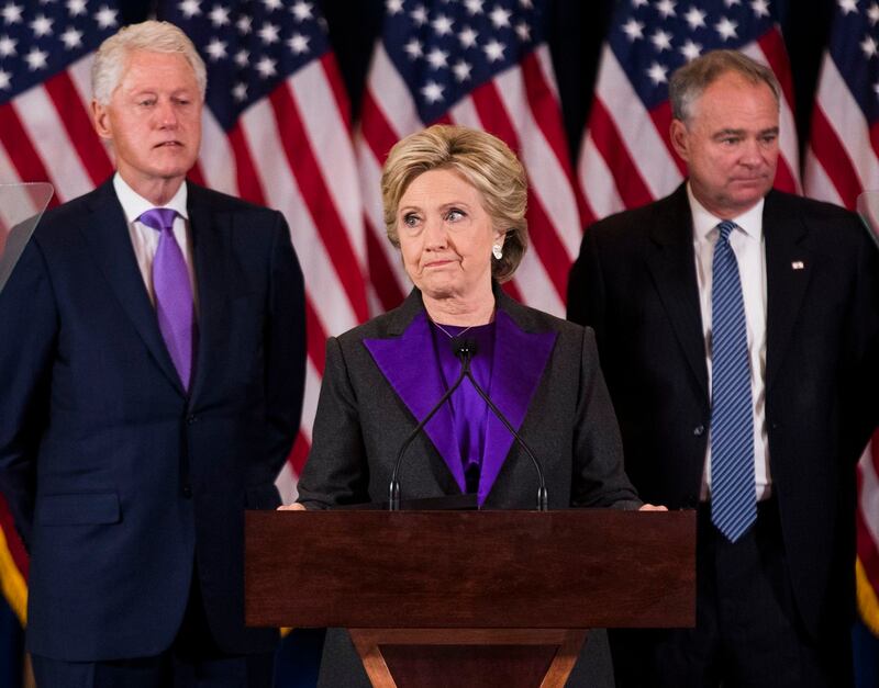 Concession: Hillary Clinton concedes the 2016 presidential election, watched by her husband and Tim Kaine, her running mate. Photograph: Brooks Kraft/Getty