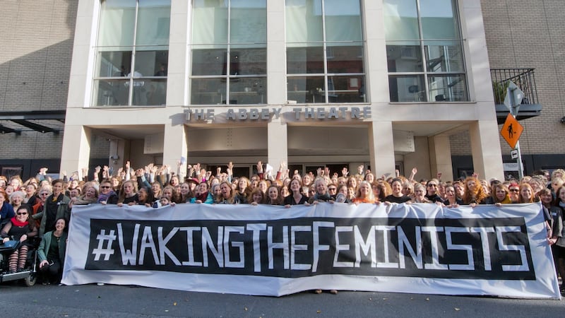 The Waking the Feminists demonstration  to highlight the lack of gender equality in the Abbey’s programme of events for 2016. Photograph: Brenda Fitzsimons / The Irish Times