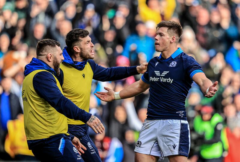 Scotland’s Huw Jones celebrates scoring their first try with team-mates during the Six Nations game against Ireland at Murrayfield back in March. Photograph: Dan Sheridan/Inpho