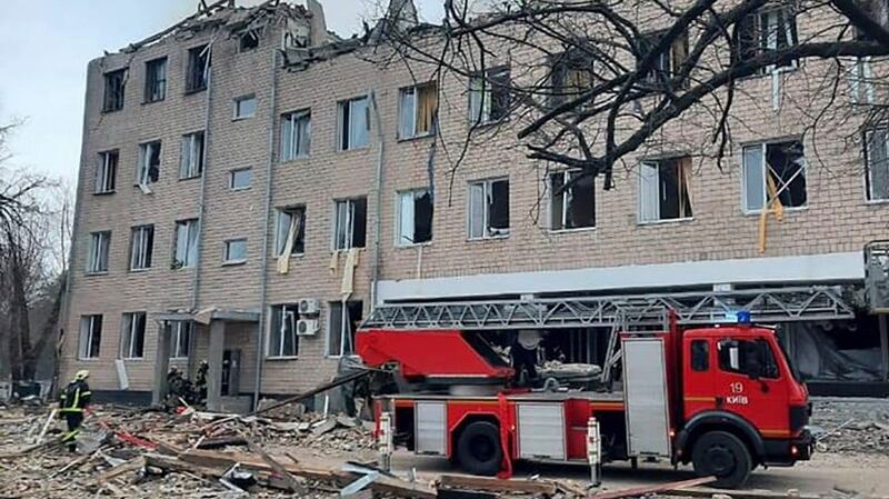 Aftermath of an explosion in the premises of a military unit building in Kyiv. Photograph: Ukraine Interior Ministry/EPA