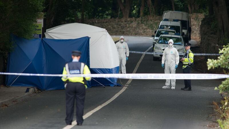 Gardaí examine the scene near Westport in Co Mayo where the bodies of two young brothers were found in a crashed car yesterday. Photograph: Michael McLaughlin.