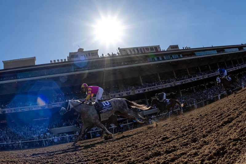 Tapit Trice, ridden by Irad Ortiz Jr, leads City of Troy, ridden by  Ryan Moore, down the front stretch in the Breeders' Cup Classic in Del Mar, California. Photograph: Donald Miralle/Getty Images