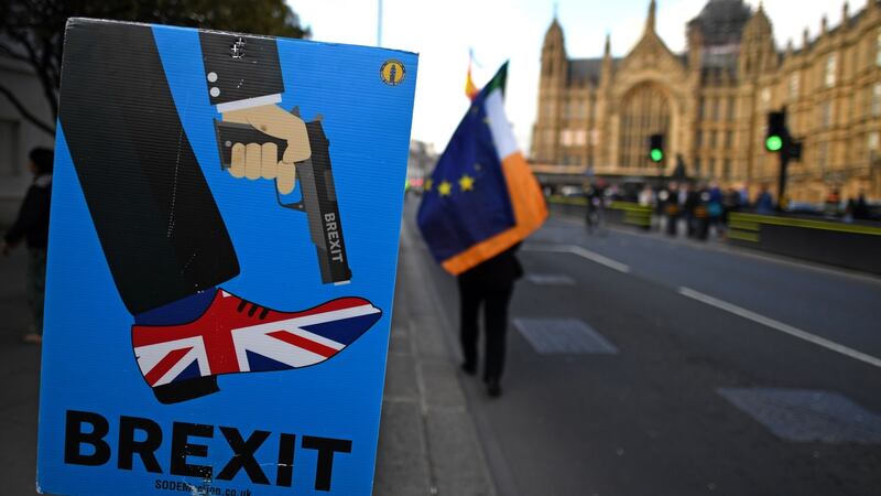 Anti-Brexit activists  demonstrate outside the Houses of Parliament in central London on Wednesday. Photograph: Paul Ellis/AFP/Getty Images