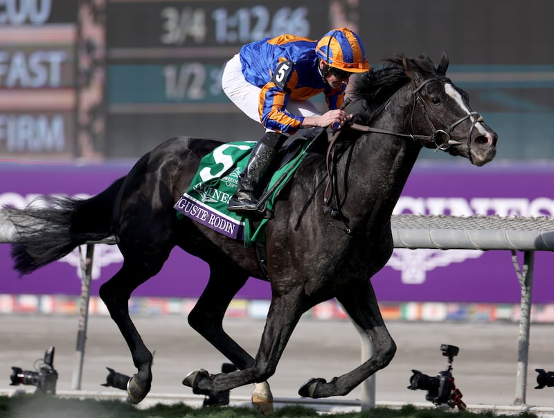 Jockey Ryan Moore rides Auguste Rodin of Ireland during the Longines Breeders' Cup Turf at Santa Anita Park in Arcadia, California. Photograph: Harry How/Getty Images