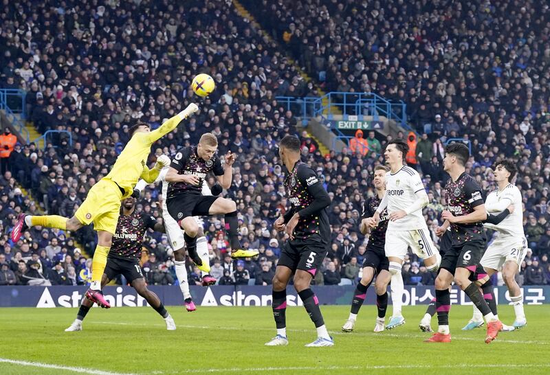 Brentford goalkeeper David Raya punches the ball clear during the Premier League match at Elland Road. Photograph: Danny Lawson/PA