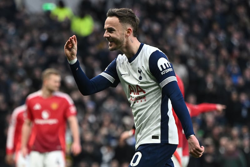 Tottenham Hotspur's James Maddison celebrates after scoring. Photograph: Daniel Hambury/EPA-EFE