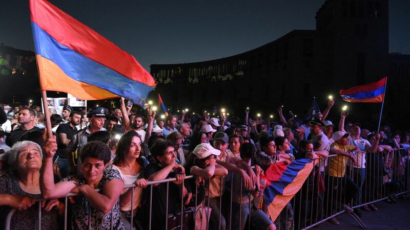 Supporters attend a campaign rally of Armenia’s prime minister in central Yerevan, on Thursday, three days before Armenians vote in snap parliamentary elections. Photograph:  Karen Minasyan/AFP