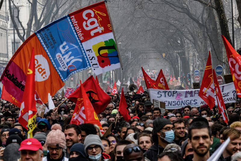 Protesters participate in a demonstration in Lyon, France. Photograph: Jeff Pachoud/AFP via Getty Images