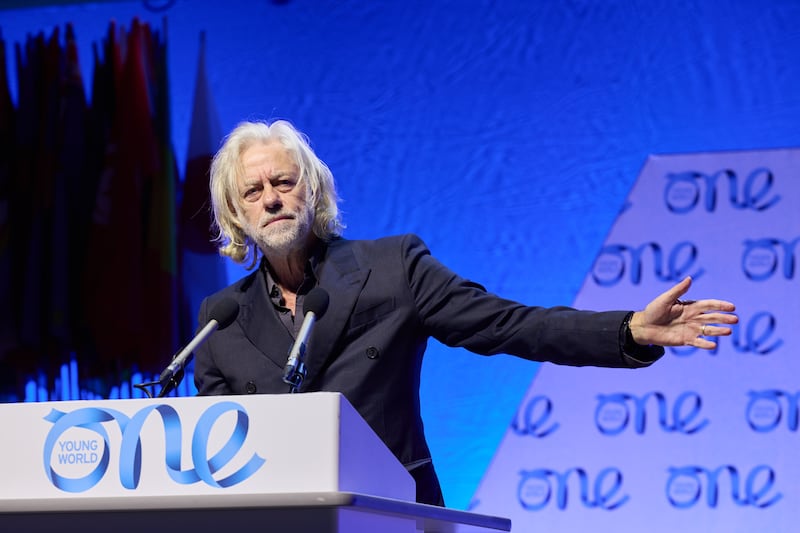 Bob Geldof speaking at the One Young World summit at the ICC in Belfast. Photograph: One Young World/PA