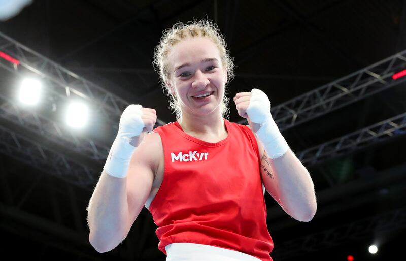 Amy Broadhurst celebrates after her victory over Cynthia Ogunsemilore of Nigeria at the Birmingham 2022 Commonwealth Games on August 6th. Photograph: Alex Livesey/Getty Images