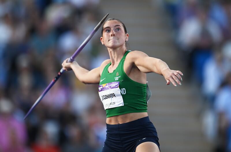 Kate O'Connor of Team Northern Ireland during the heptathlon javelin event on day six of the Commonwealth Games in Birmingham.
Photograph: David Ramos/Getty Images