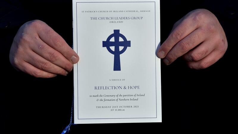 An order of service is displayed ahead of the ‘Reflection & Hope’ event  to mark the centenary of Northern Ireland at Saint Patrick’s Church of Ireland Cathedral  in Armagh. Photograph:  Charles McQuillan/Getty Images