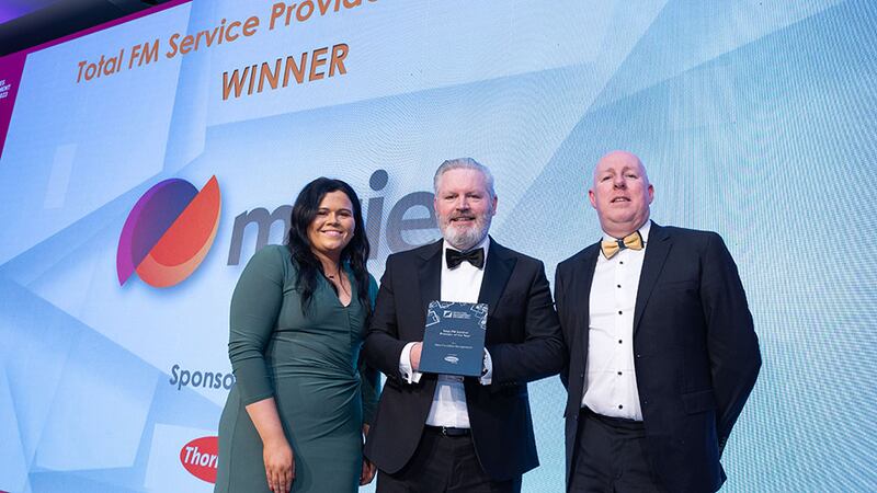 John Staunton, commercial sales manager at Thorntons Recycling, presents the Total FM Service Provider of the Year award to Brona Lynch and Les Sheridan, Mitie Facilities Management