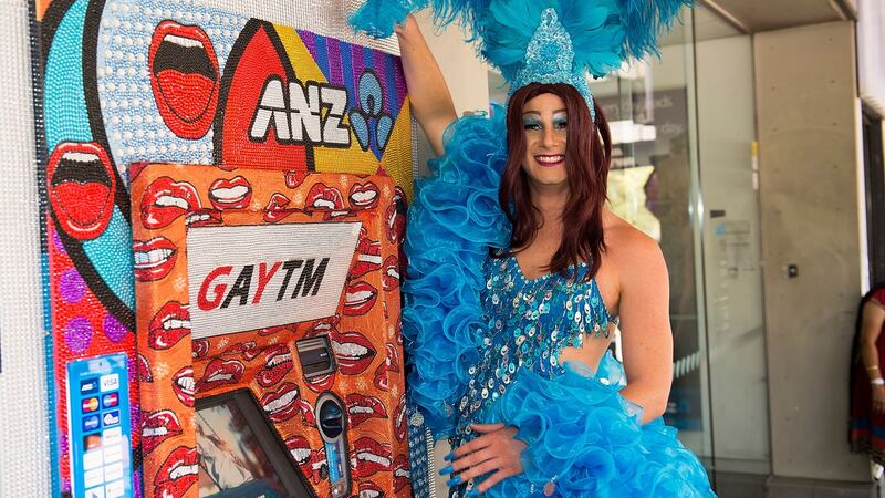 A GayTM for the Sydney Gay Mardi Gras Festival in  2014: rainbow colours and kitsch designs disguise the machines that often bring bad news. Photograph: Cassandra Hannagan/Getty