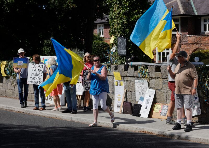 Long-term protesters against the Russian invasion of Ukraine outside the Russian embassy on Orwell Road. Photograph: Alan Betson