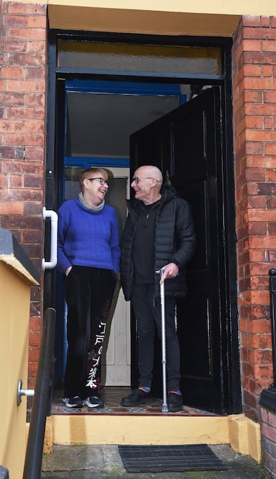 Eamonn McCann with partner Goretti Horgan at their front door in Derry. Photograph: Trevor McBride


