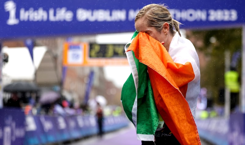 An emotional Ann-Marie McGlynn after her success in last year's Dublin marathon when, at 43, she claimed the national title. Photograph: Ben Brady/Inpho 