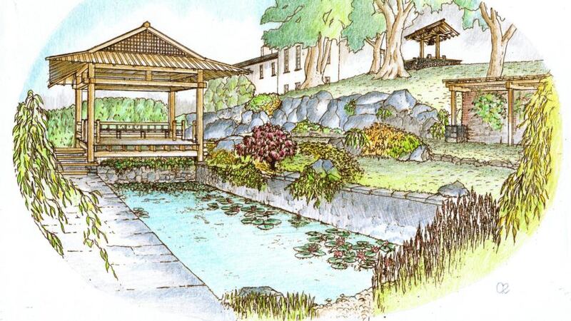 Coloured perspective view of the proposed Japanese garden by Mike Roberts, FRIAI