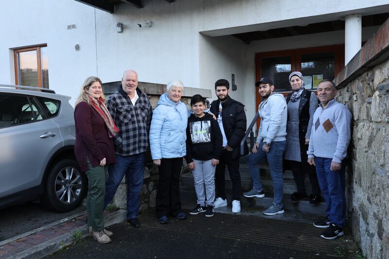 Local volunteers Paula Kavanagh, Alfred Gillespie and Maire Lawless with the Zeidan family. Photograph: Nick Bradshaw