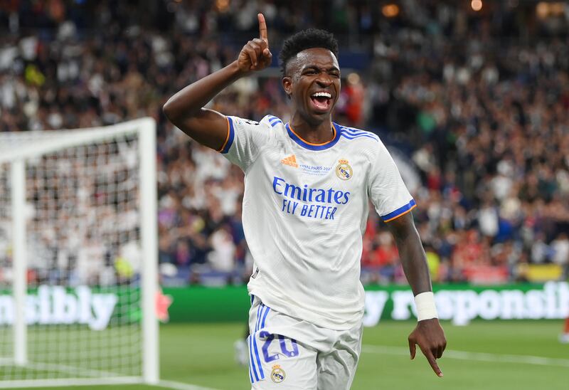  Vinicius Junior celebrates after scoring the winner  against Liverpool in the Champions League final at  Stade de France in Paris, France. Photograph: Shaun Botterill/Getty Images