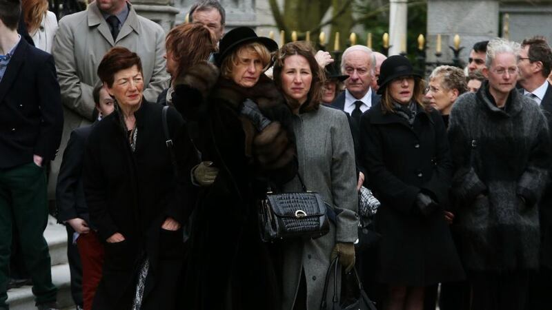 The wife of Lord Ballyedmond, also known as Dr Edward Haughey, Mary (left) and their daughter Caroline outside Newry Cathedral, Co. Down, ahead of his requiem mass. Photograph: Brian Lawless/PA Wire