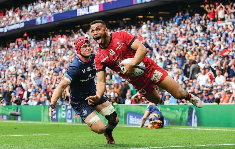 TRY TIME: Toulouse’s Matthis Lebel scores their first try despite Josh van der Flier of Leinster during the Investec Champions Cup Final. Photograph: James Crombie / INPHO
