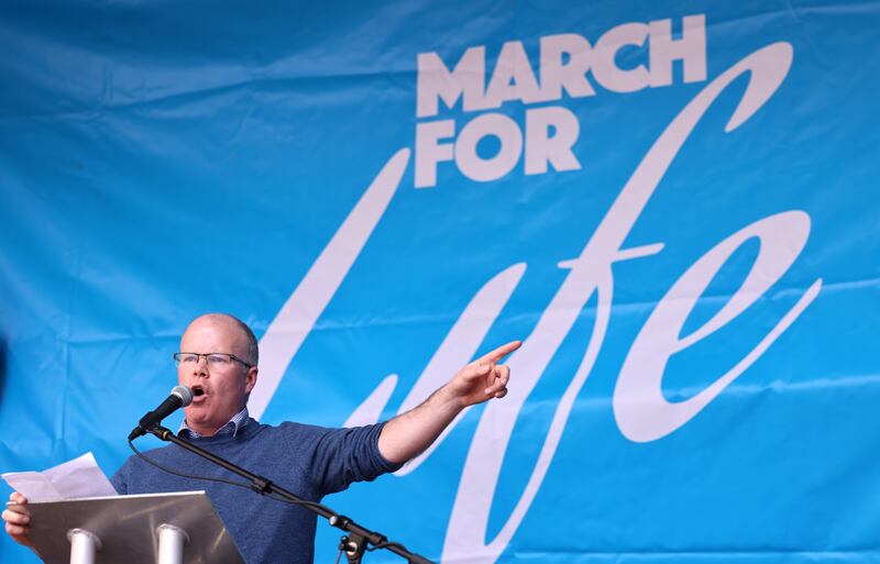 Aontú leader and Meath West TD Peadar Tóibín addressing the crowd at the march. Photograph: Dara Mac Dónaill/The Irish Times