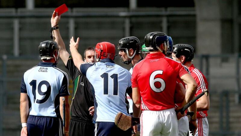 Dublin’s Ryan O’Dwyer (11) is sent off by referee James Owens at Croke Park.  Photograph: Ryan Byrne/Inpho