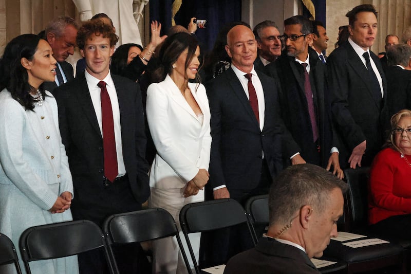 From left to right: Priscilla Chan, Meta founder Mark Zuckerberg, Lauren Sanchez, Amazon founder Jeff Bezos, Google chief executive Sundar Pichai and Tesla chief executive Elon Musk at the inauguration of US president Donald Trump on Monday. Photograph: Chip Somodevilla/Getty Images