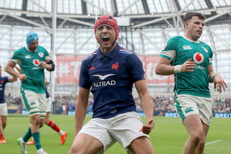 Louis Bielle-Biarrey celebrates after scoring France's first try against Ireland. Photograph: Paul Faith/AFP via Getty Images          