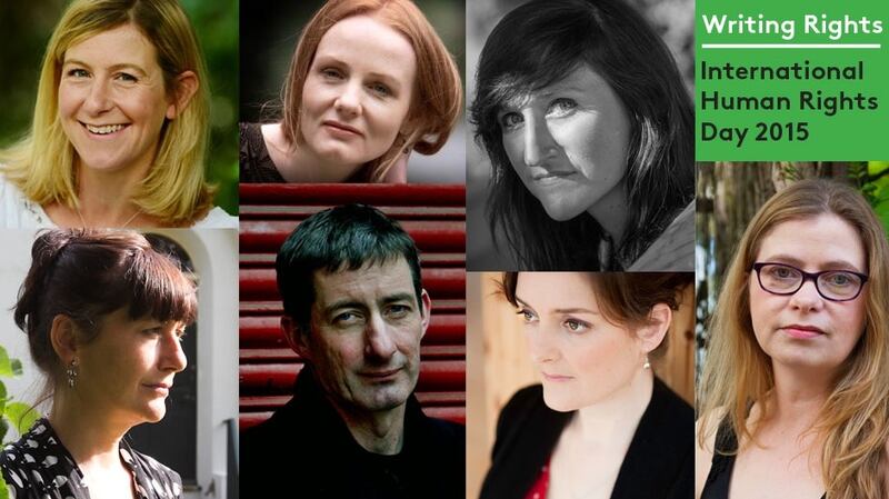 Clockwise from top left, the writers contributing to Writing Rights to mark International Human Rights Day 2015: Sarah Bannan; Martina Devlin; Sara Baume; Anakana Schofield; Nuala O’Connor; Eoin McNamee; and Martina Evans