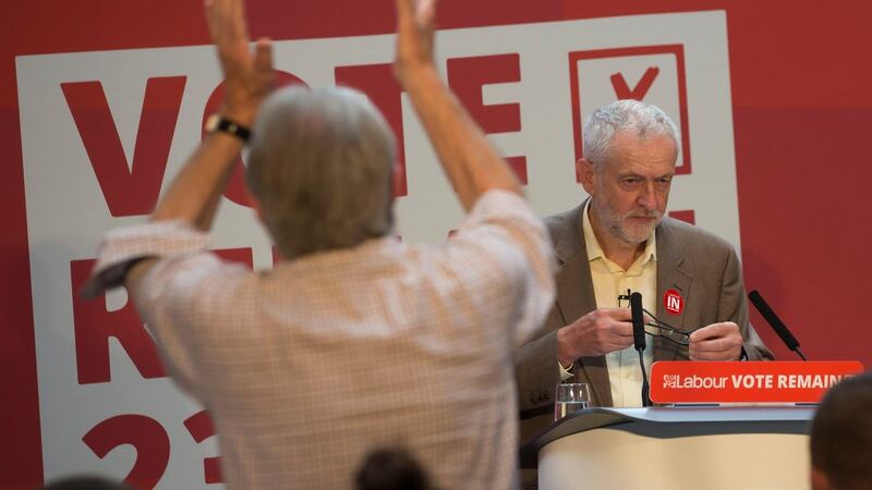 Leader of the British Labour Party Jeremy Corbyn is applauded after speaking at a Remain event at Manchester’s People’s History Museum in Manchester, Britain. Photograph: Jon Super/EPA