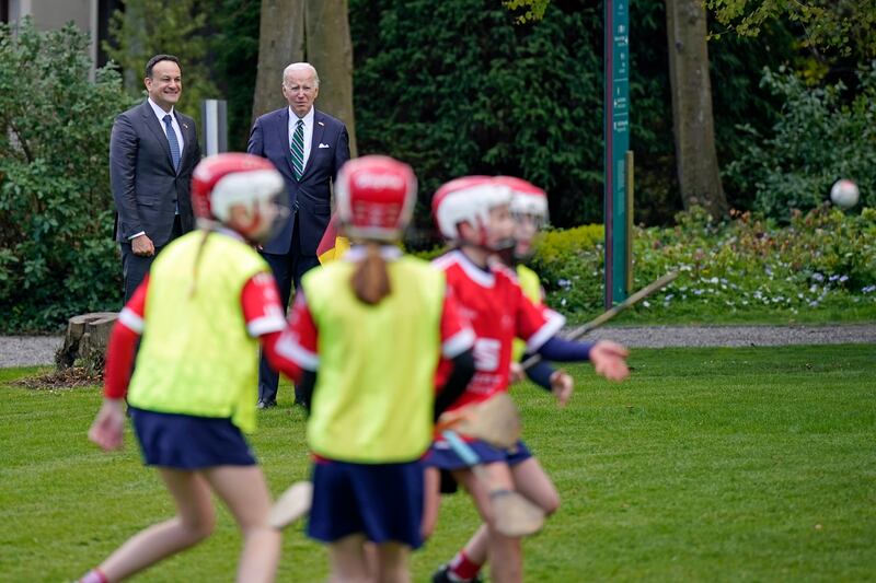 US President Joe Biden and Taoiseach Leo Varadkar watch a Camogie game at Farmleigh House, Phoenix Park in Dublin, Ireland.(Photo by Niall Carson - Pool/Getty Images)