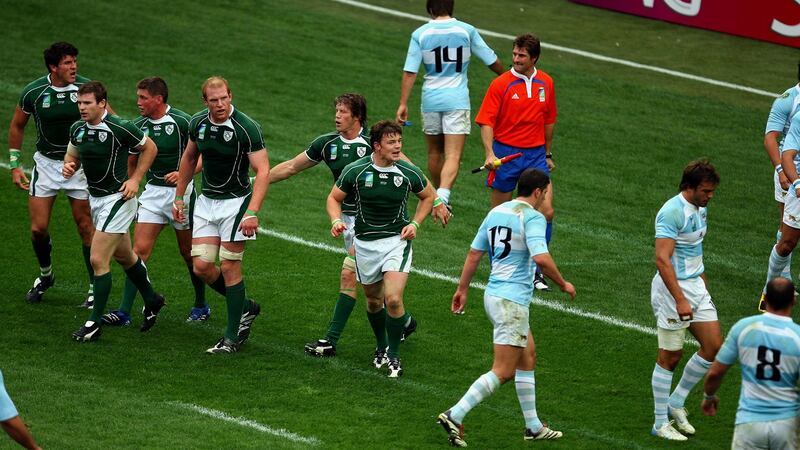 Ireland’s Brian O’Driscoll shouts at the Argentina players after he scored his try during the World Cup defeat in Paris in 2007. Photograph: Dan Sheridan/Inpho