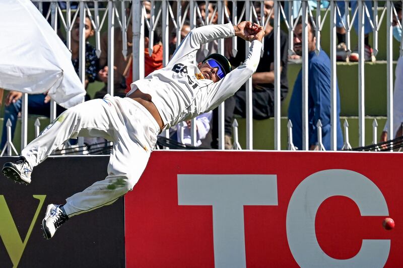 Pakistan's Saim Ayub drops a catch to dismiss England's Jamie Smith during the first day of the third Test in Rawalpindi. Photograph: Aamir Qureshi/AFP via Getty Images