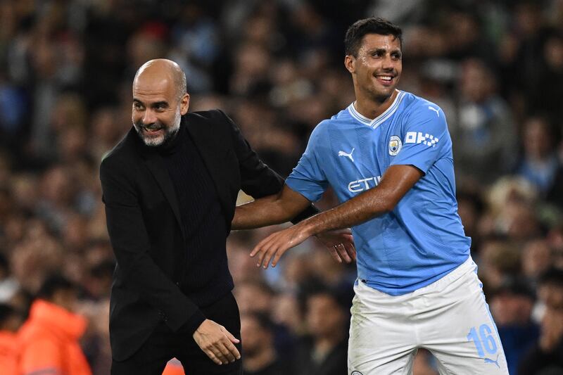 Manchester City manager Pep Guardiola is boosted by the return from suspension of midfielder Rodri. Photograph: Oli Scarff/AFP via Getty Images