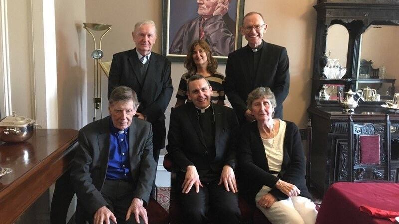 Fr Ignatius McCormack (front, centre), the new principal of  St Flannan’s College, Ennis, and Bishop Fintan Monahan (back right), with trustees of the school